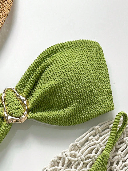 Bikini sans bretelles jacquard uni avec décor métallique pour femmes