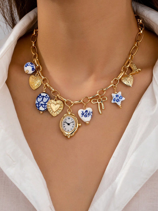 Collier multi-breloques avec charmes en porcelaine bleu et blanc, fait main
