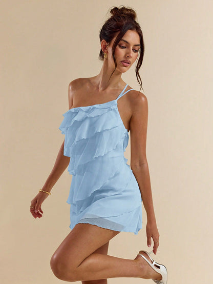 Robe mini abricot à plusieurs couches avec motif feuille de lotus