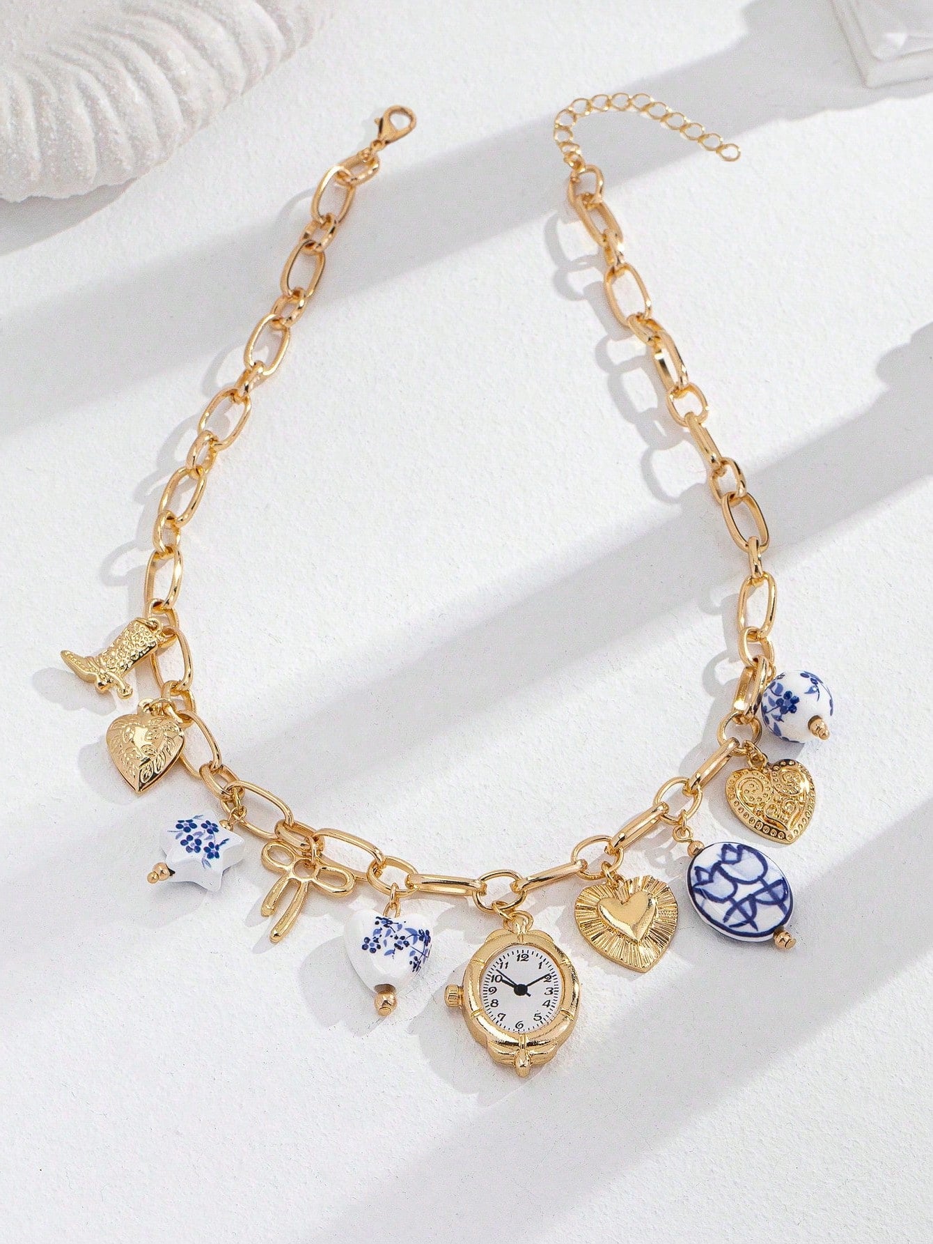 Collier multi-breloques avec charmes en porcelaine bleu et blanc, fait main