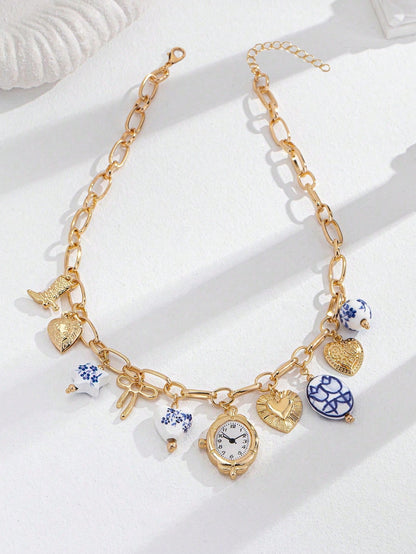 Collier multi-breloques avec charmes en porcelaine bleu et blanc, fait main