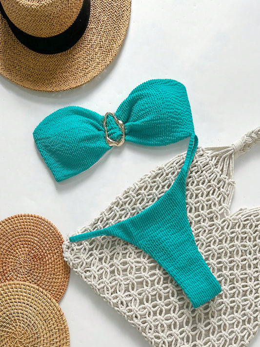 Bikini sans bretelles jacquard avec déco métallique