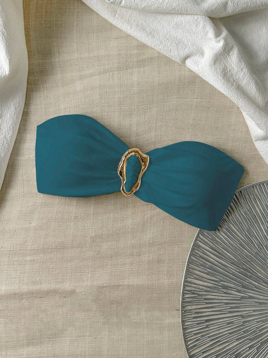 Top de bikini bandeau femme uni avec décoration métallique