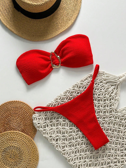 Bikini sans bretelles jacquard uni avec décorations métal