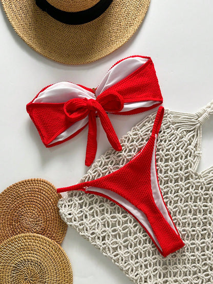 Bikini sans bretelles jacquard uni avec décorations métal