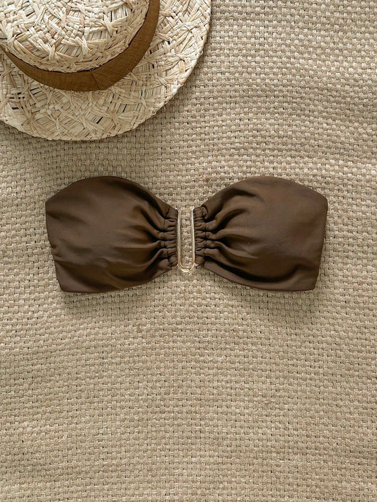Top de bikini bandeau métallisé uni pour femme