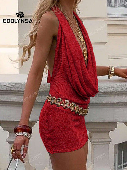 Robe courte dos nu couleur unie pour femme