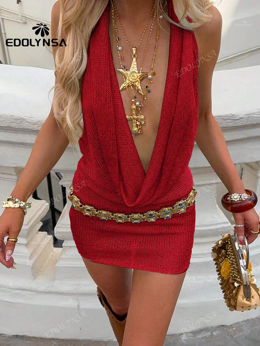 Robe courte dos nu couleur unie pour femme