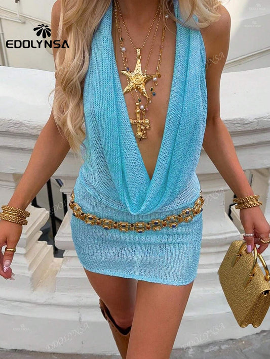 Robe mini dos nu été couleur unie