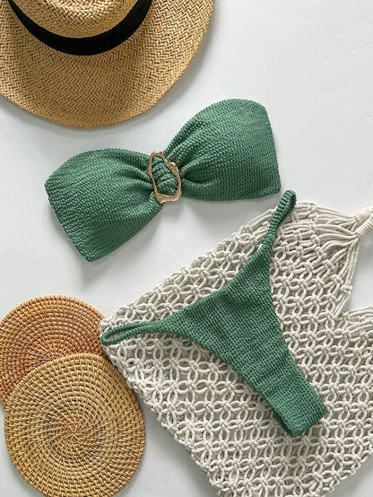 Ensemble bikini sans bretelles jacquard uni avec décor métal