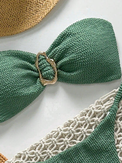 Ensemble bikini sans bretelles jacquard uni avec décor métal