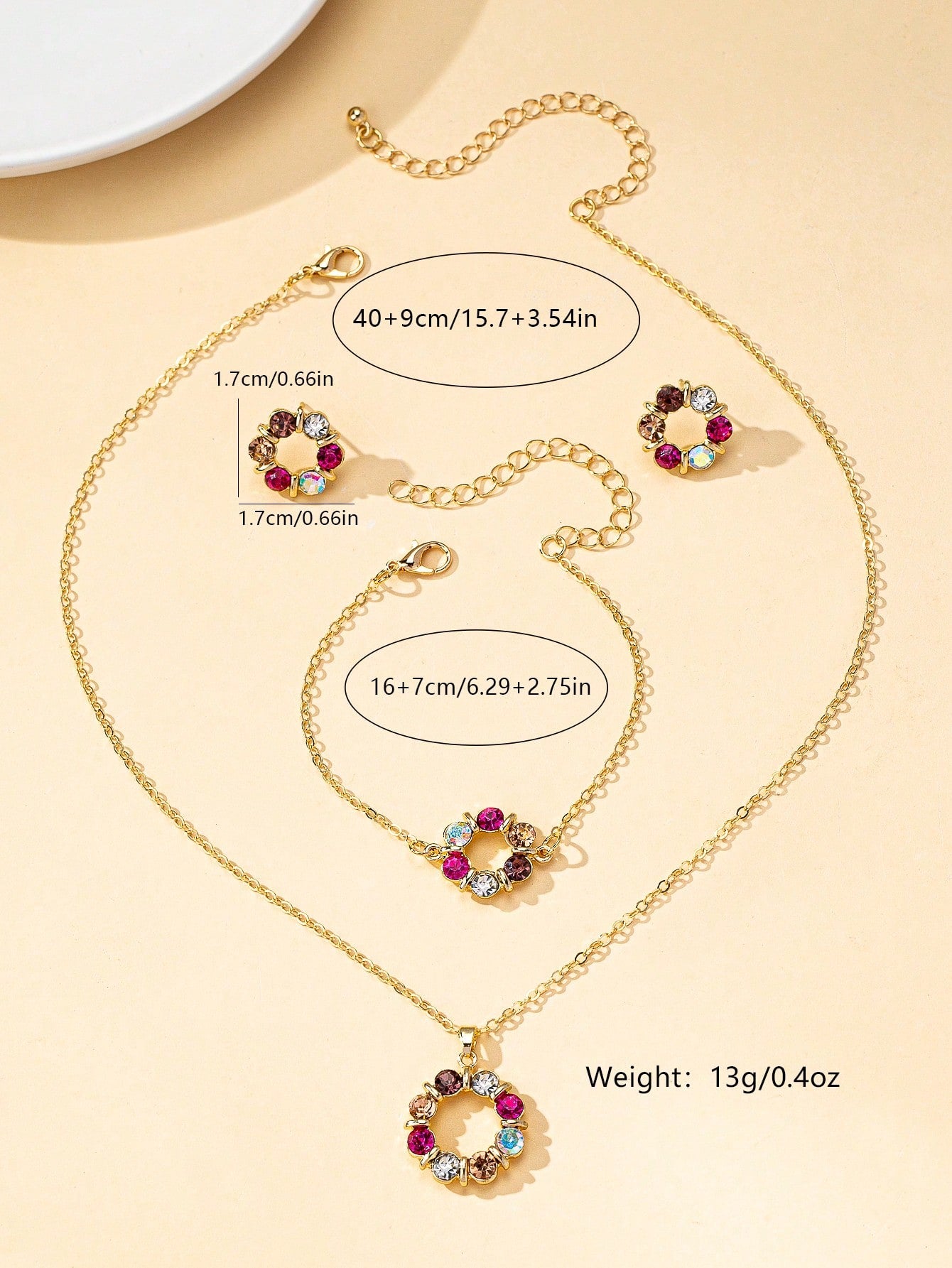 Ensemble 4 bijoux diamants colorés femme