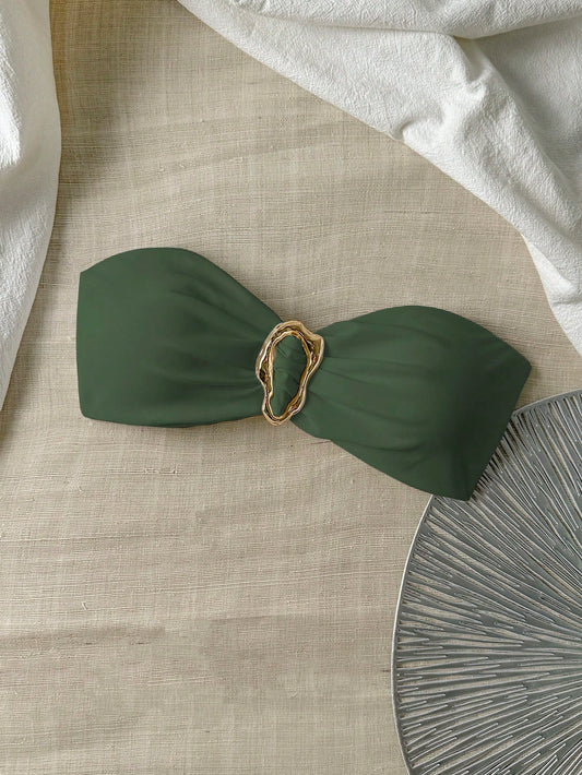 Bikini femme unicolore sans bretelles avec déco métallique