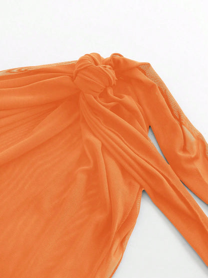 Cache-maillot avec jupe portefeuille en maille transparente