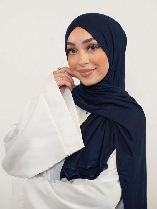 Hijab en coton viscose uni avec bord enroulé - Long et confortable