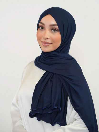Hijab en coton viscose uni avec bord enroulé - Long et confortable