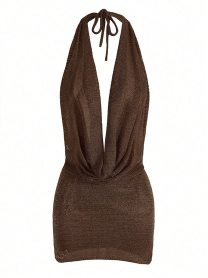 Robe mini tricot côtelé dos nu encolure V été