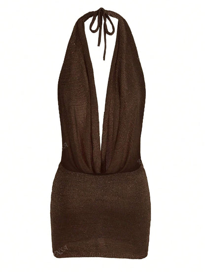 Robe mini tricot côtelé dos nu encolure V été