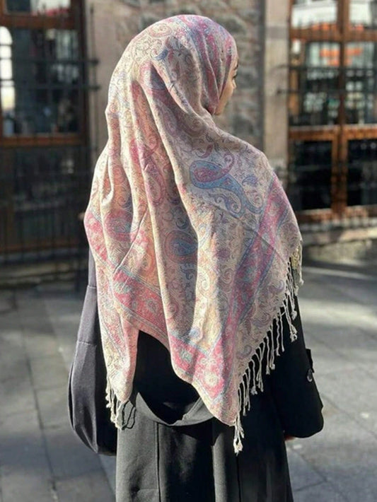 Écharpe jacquard cachemire à franges - Modèle rose