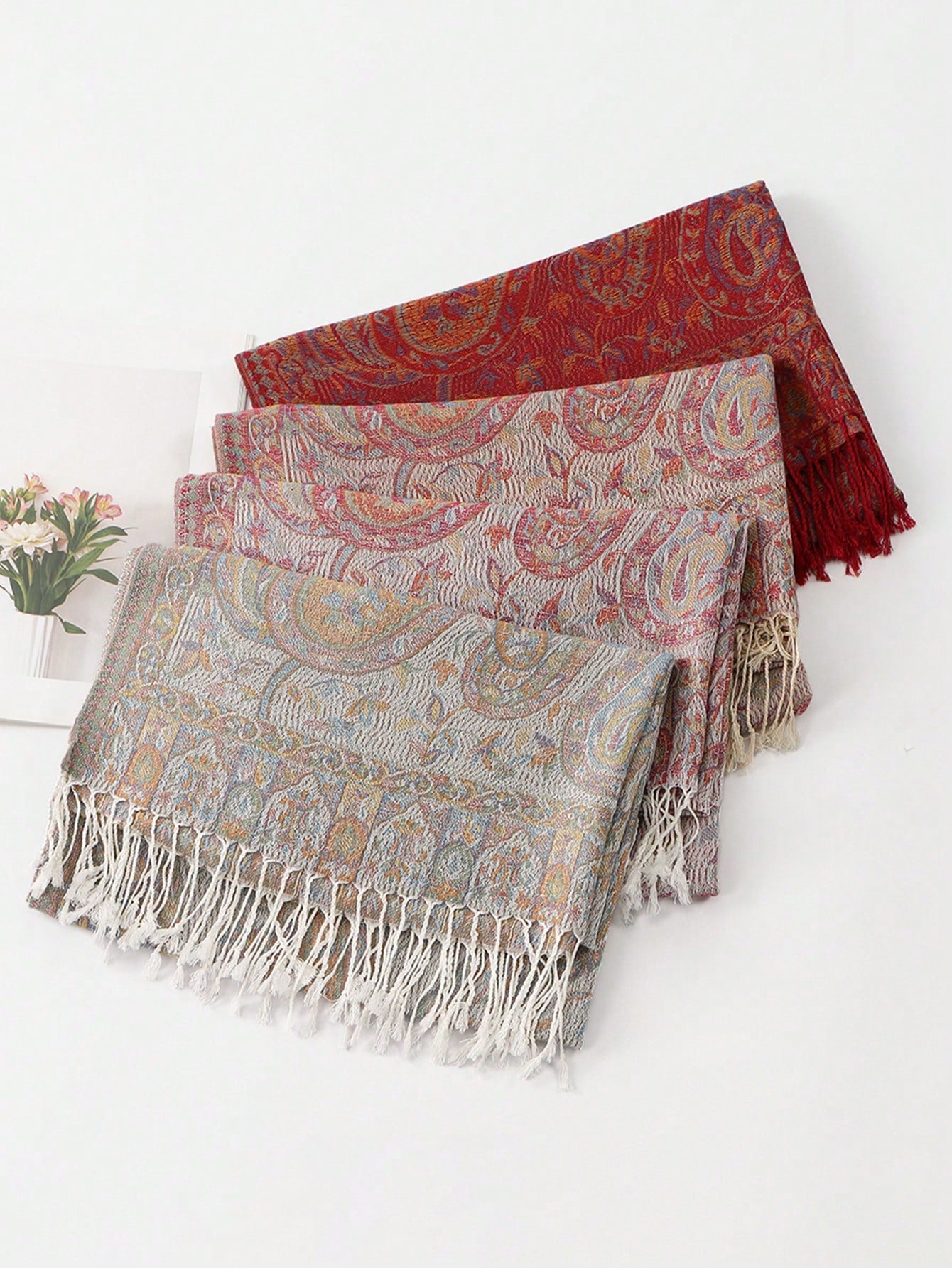 Écharpe jacquard cachemire à franges - Modèle rose