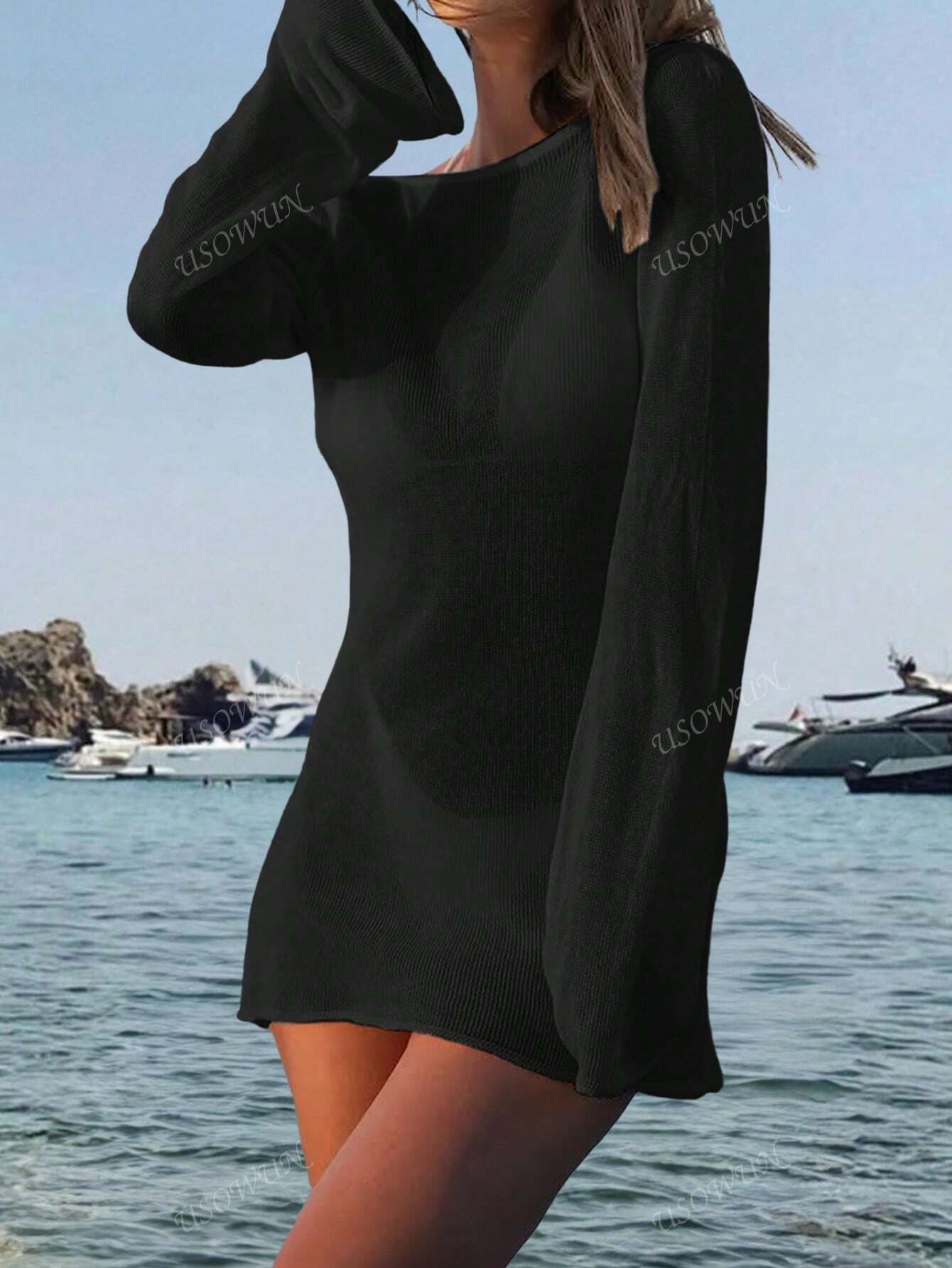 Robe de plage courte transparente dos nu manches évasées