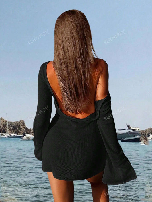 Robe de plage courte transparente dos nu manches évasées