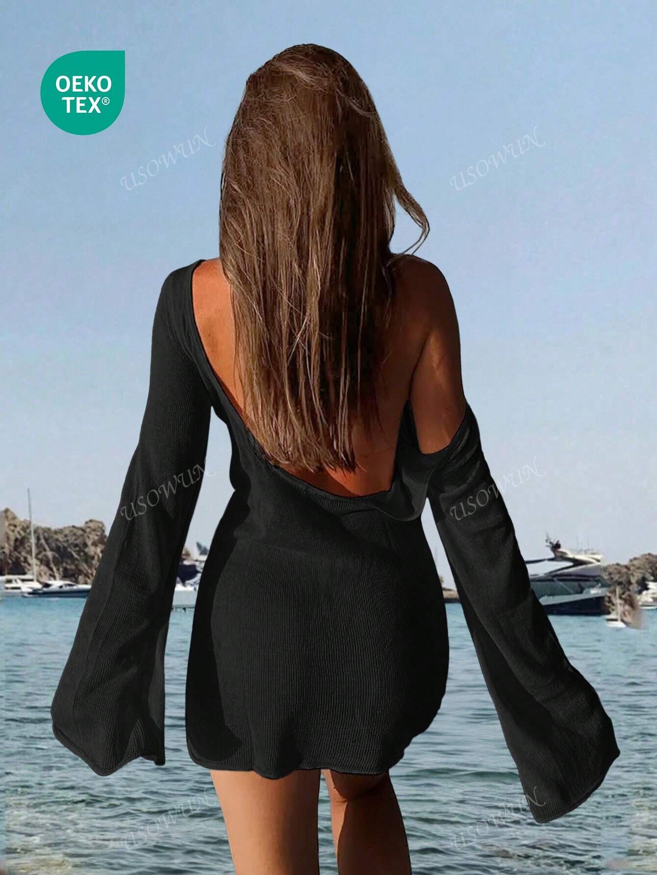 Robe de plage courte transparente dos nu manches évasées