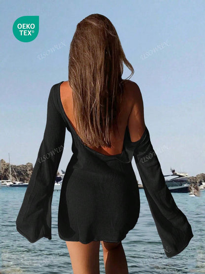 Robe de plage courte transparente dos nu manches évasées