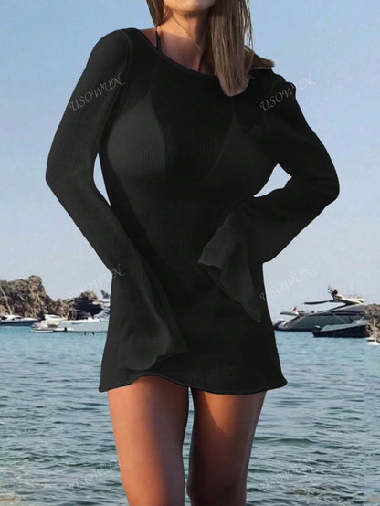 Robe de plage courte transparente dos nu manches évasées