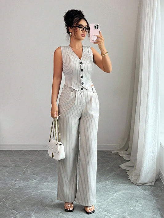 Ensemble femme gilet carreaux et pantalon ample décontracté
